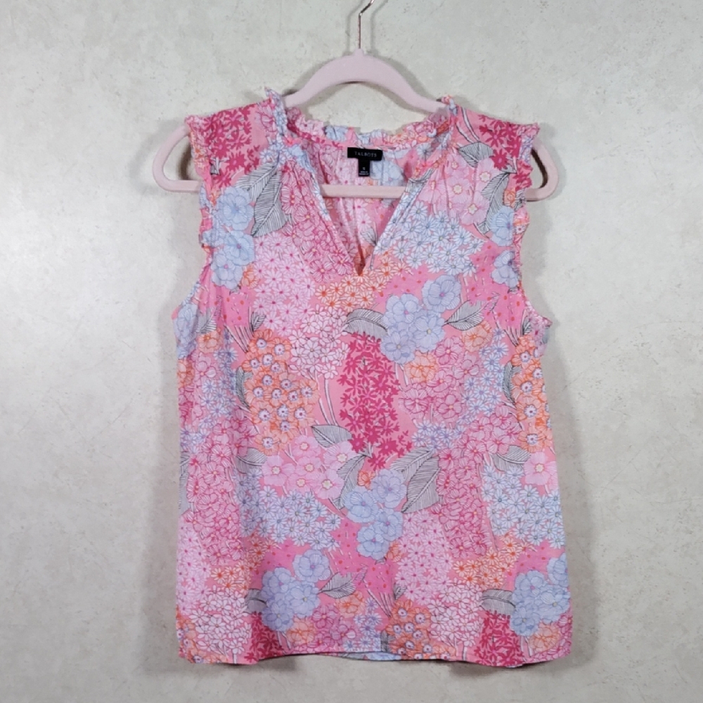 H164 Talbots pink, peach, & blue light cotton v-neck blouse S